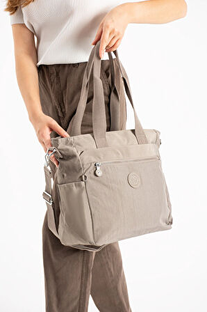 Kadın Büyük Boy Bölmeli Suya Dayanıklı Paraşüt Kumaş Çapraz Ve Omuz Askılı Vizon Rengi Çanta