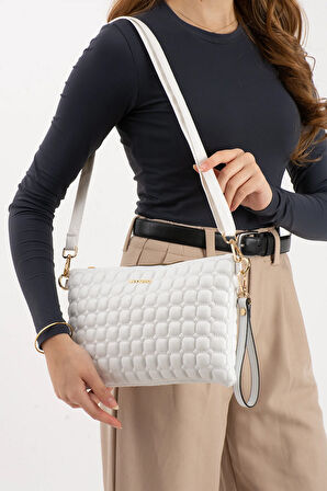 Sanmorris Kadın Suni Deri Beyaz Renkli Ayarlanabilir Çapraz Ve El Askılı Portföy, Clutch Çanta