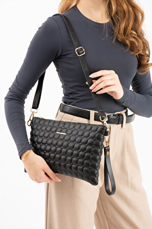 Sanmorris Kadın Suni Deri Siyah Mat Ayarlanabilir Çapraz Ve El Askılı Portföy, Clutch Çanta