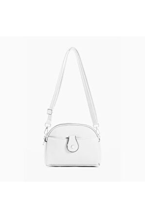 Kadın Suni Deri Ayarlanabilir Çapraz Askılı 4 Bölmeli Mıknatıs Toka Detaylı Beyaz Omuz Çantası