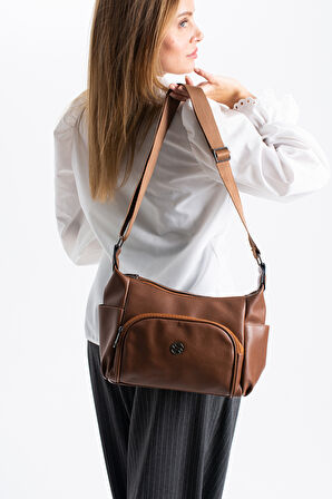 Kadın Ayarlanabilir Çapraz Askılı Çok Gözlü Suni Deri Omuz Çantası