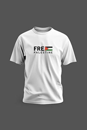 Kısa Kollu Free Palestine Yazısı ve Filistin Bayrak Dijital Baskılı Unisex S - 2XL T300007