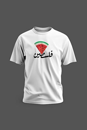 Kısa Kollu Filistin Arapça Yazısı ve Üçgenlı Karpuz Dijital Baskılı Unisex S - 2XL T300008