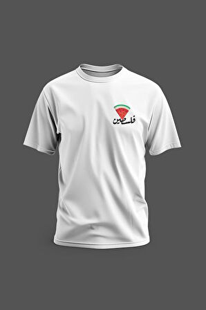 Kısa Kollu Yanlı Küçük Filistin Arapça Yazısı ve Üçgenlı Karpuz Dijital Baskılı Unisex S - 2XL T300009
