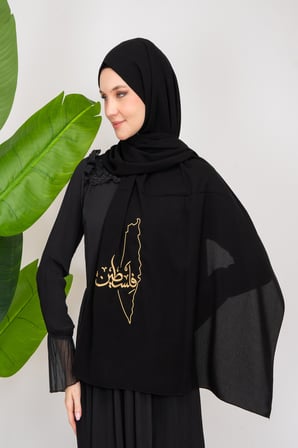 Altın Filistin haritası işlemeli ve Filistin kelimesi bulunan siyah polyester şal S100026