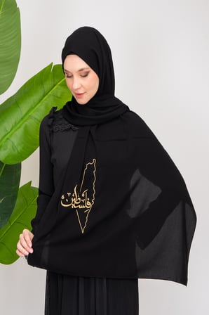 Altın Filistin haritası işlemeli ve Filistin kelimesi bulunan siyah polyester şal S100026