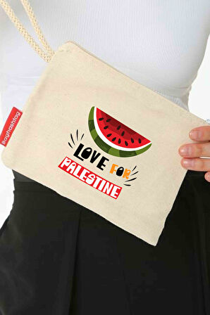 Geleneksel Filistin Yarım Karpuzlu "LOVE FOR PALESTINE" Dijital Baskılı Askılı Kanvas Clutch Fermuar B320008