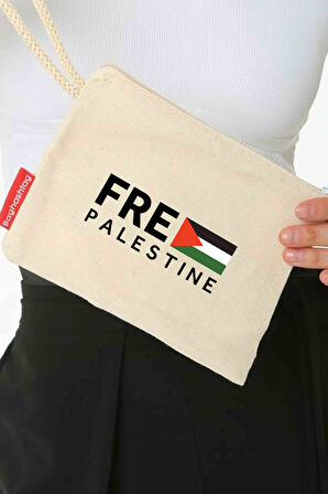 Geleneksel Filistin "Free PALESTINE" Ve Flaglı Dijital Baskılı Askılı Kanvas Clutch Fermuarlı EL Çan B320011