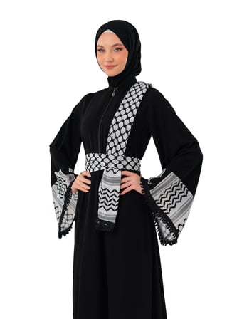 Fermuarlı Filistin Kefiye Desenli Geniş Püsküllü Kolları Dik Yakalı Siyah Filistin Elbise C100049