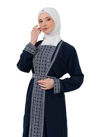 Nakışlı İç Elbiseli ve Kemerli İki Parçalı Filistin Mirası Abaya Seti