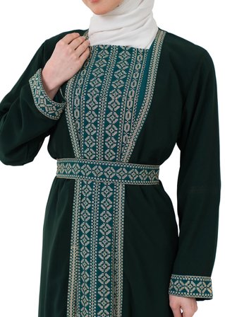 Nakışlı İç Elbiseli ve Kemerli İki Parçalı Filistin Mirası Abaya Seti