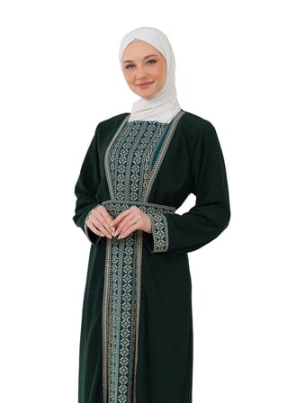 Nakışlı İç Elbiseli ve Kemerli İki Parçalı Filistin Mirası Abaya Seti