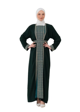 Nakışlı İç Elbiseli ve Kemerli İki Parçalı Filistin Mirası Abaya Seti