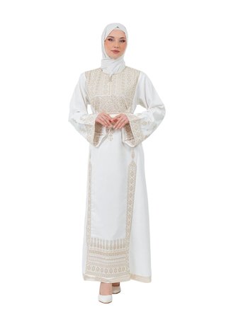 Filistin Nakışlı Modern Beyaz Kaftan Elbise - Geleneksel Şıklık