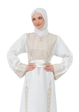 Filistin Nakışlı Modern Beyaz Kaftan Elbise - Geleneksel Şıklık