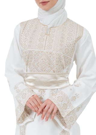 Filistin Nakışlı Modern Beyaz Kaftan Elbise - Geleneksel Şıklık