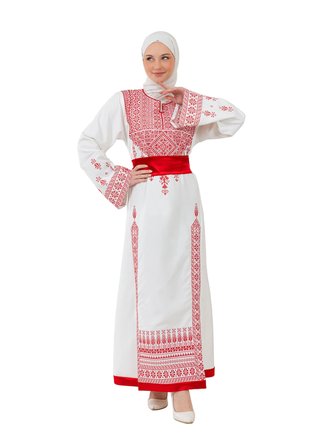 Filistin Nakışlı Modern Beyaz Kaftan Elbise - Geleneksel Şıklık