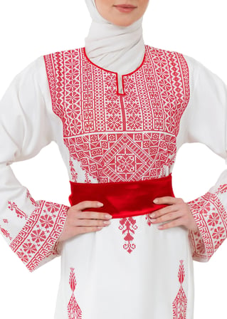 Filistin Nakışlı Modern Beyaz Kaftan Elbise - Geleneksel Şıklık