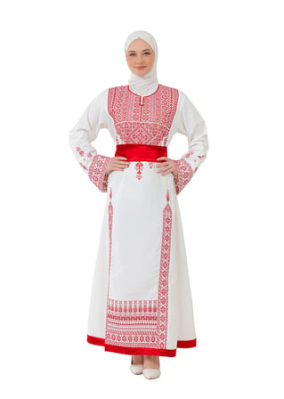 Filistin Nakışlı Modern Beyaz Kaftan Elbise - Geleneksel Şıklık