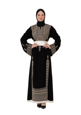 Filistin Nakışlı Modern Siyah Kaftan Elbise - Geleneksel Şıklık