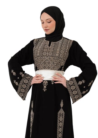 Filistin Nakışlı Modern Siyah Kaftan Elbise - Geleneksel Şıklık