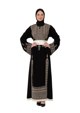 Filistin Nakışlı Modern Siyah Kaftan Elbise - Geleneksel Şıklık