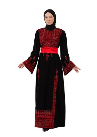 Filistin Nakışlı Modern Siyah Kaftan Elbise - Geleneksel Şıklık