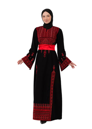 Filistin Nakışlı Modern Siyah Kaftan Elbise - Geleneksel Şıklık