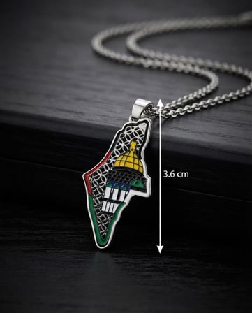 Zaytoon Filistin Haritası ve Kubbetü's Sahra Figürlü Çelik Kolye Gümüş Renk 44 cm