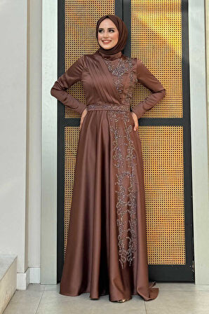 Taş Detaylı Kemer Aksesuarlı Saten Abiye Elbise 5002 Kahverengi