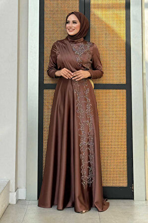 Taş Detaylı Kemer Aksesuarlı Saten Abiye Elbise 5002 Kahverengi