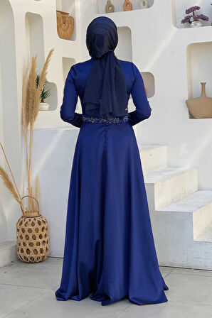 Taş Detaylı Kemer Aksesuarlı Saten Abiye Elbise 5002 Lacivert