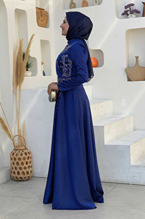 Taş Detaylı Kemer Aksesuarlı Saten Abiye Elbise 5002 Lacivert