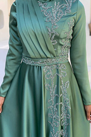 Taş Detaylı Kemer Aksesuarlı Saten Abiye Elbise 5002 Mint