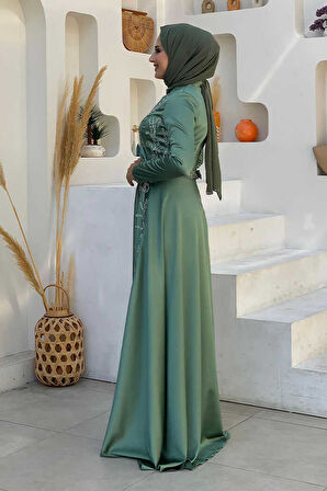 Taş Detaylı Kemer Aksesuarlı Saten Abiye Elbise 5002 Mint