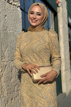 Dal Desenli Simli Tül Abiye Elbise 1140 Gold