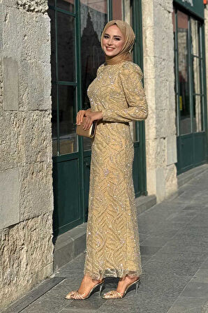 Dal Desenli Simli Tül Abiye Elbise 1140 Gold