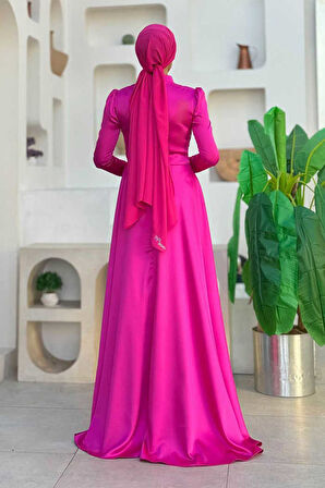 Taş Detaylı Saten Abiye 7027 Fuşya