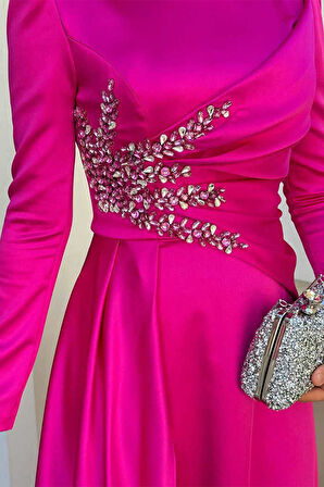 Taş Detaylı Saten Abiye 7027 Fuşya