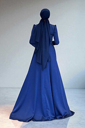 Taş Detaylı Saten Abiye 7027 Lacivert