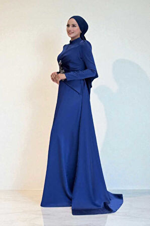 Taş Detaylı Saten Abiye 7027 Lacivert