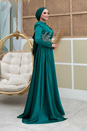 Taş Detaylı Saten Abiye 7027 Zümrüt