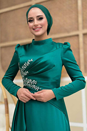 Taş Detaylı Saten Abiye 7027 Zümrüt