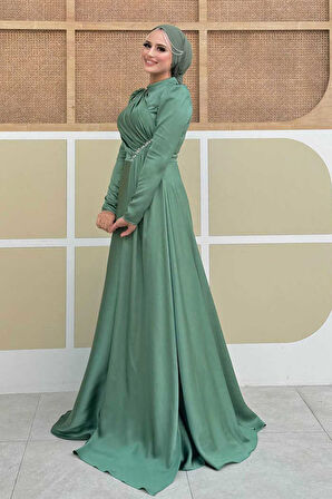Saten Taş Detaylı Abiye 7016 Mint