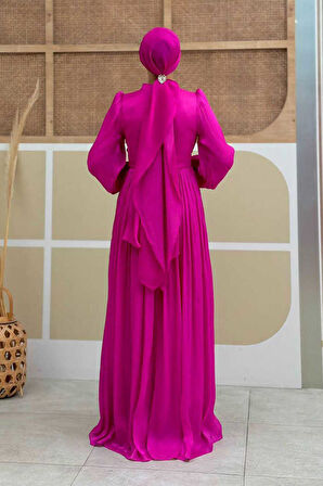 Balon Kol Pileli Abiye Elbise 7013 Fuşya