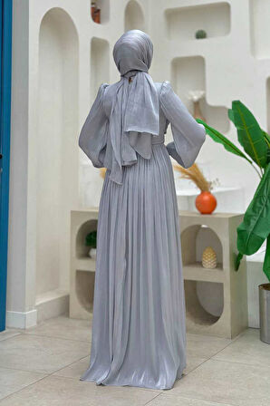 Balon Kol Pileli Abiye Elbise 7013 Gri