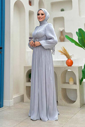 Balon Kol Pileli Abiye Elbise 7013 Gri
