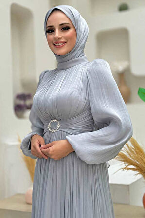 Balon Kol Pileli Abiye Elbise 7013 Gri