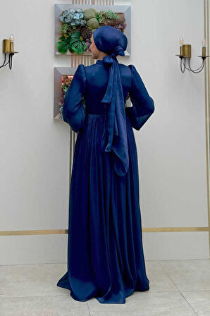 Balon Kol Pileli Abiye Elbise 7013 Lacivert