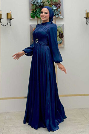 Balon Kol Pileli Abiye Elbise 7013 Lacivert